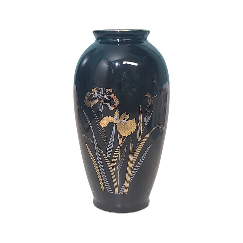Vintage Japanese Chokin Art Black Vase 6” Gold Silver Iris Dragonfly Japan